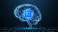 Ein digitales Gehirn mit einem KI-Chip im Zentrum