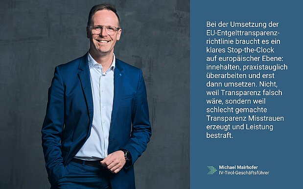 Foto und Textkachel mit einem Ausschnitt des Kommentars von Michael Mairhofer