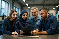 Eine Gruppe von IndustriearbeiterInnen und -Angestellten vor betrachten zusammen Pläne auf einem IPad