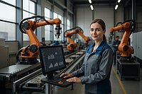 eine Automatisierungsspezialistin bei ihrer Arbeit in einer Fertigungshalle eines Industrieunternehmens
