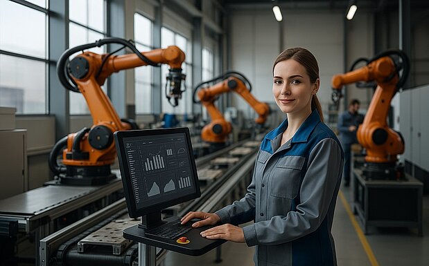 eine Automatisierungsspezialistin bei ihrer Arbeit in einer Fertigungshalle eines Industrieunternehmens
